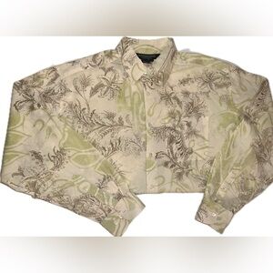 The J. Peterman Company Mens Button Up Front Down Shirt Floral Cream Green Sz L